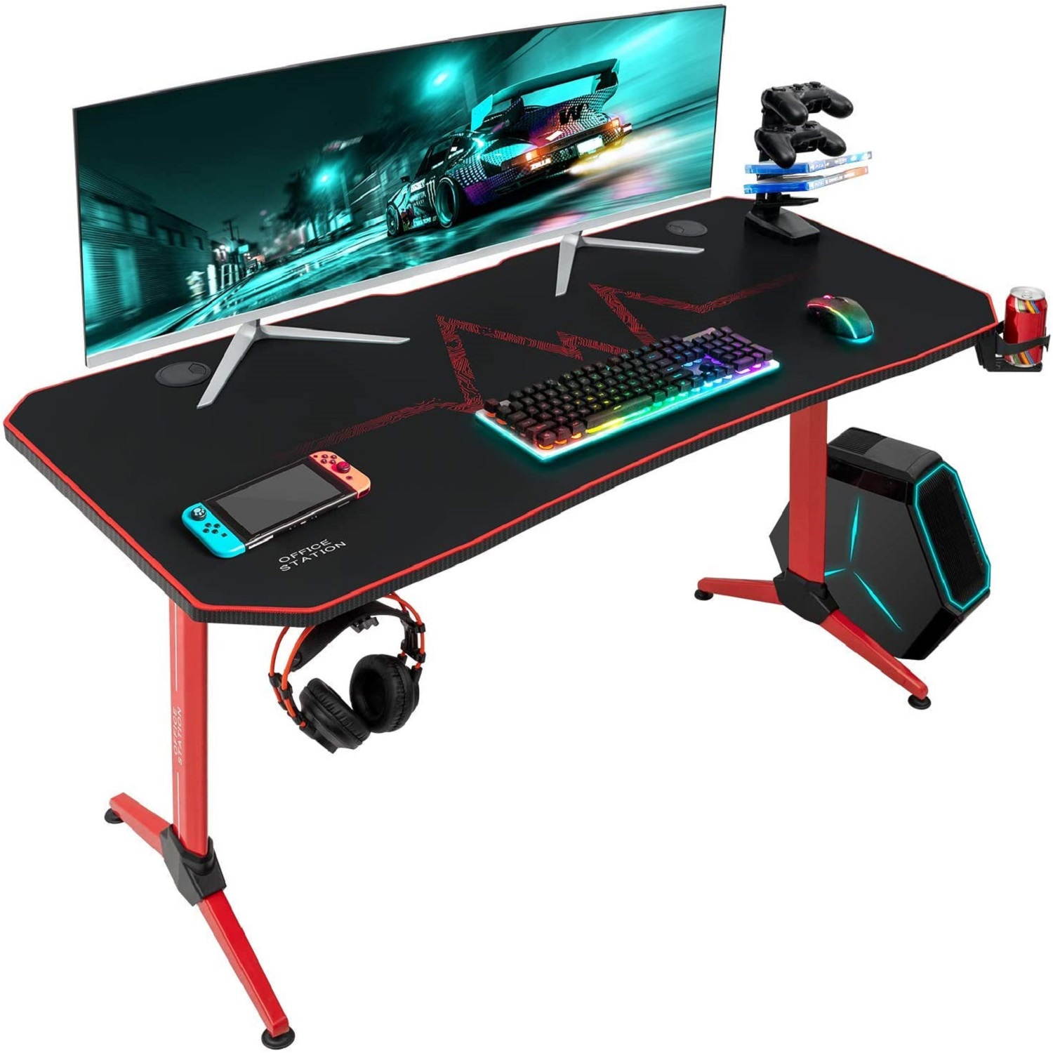Furmax 55 Inch Gaming Desk Racing Style PC Computer Desk Y-shaped Table Home Office Desk with Large Carbon Fiber Surface, Free Mouse Pad, Headphone Hook, Gaming Handle Rack and Cup Holder (Black)