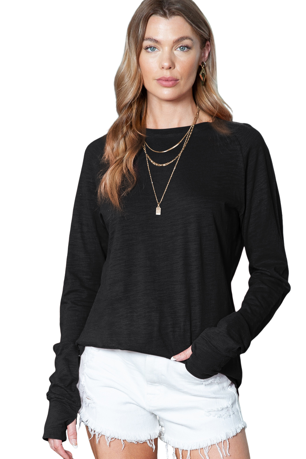 Black Plain Casual Thumbhole Long Sleeve Top