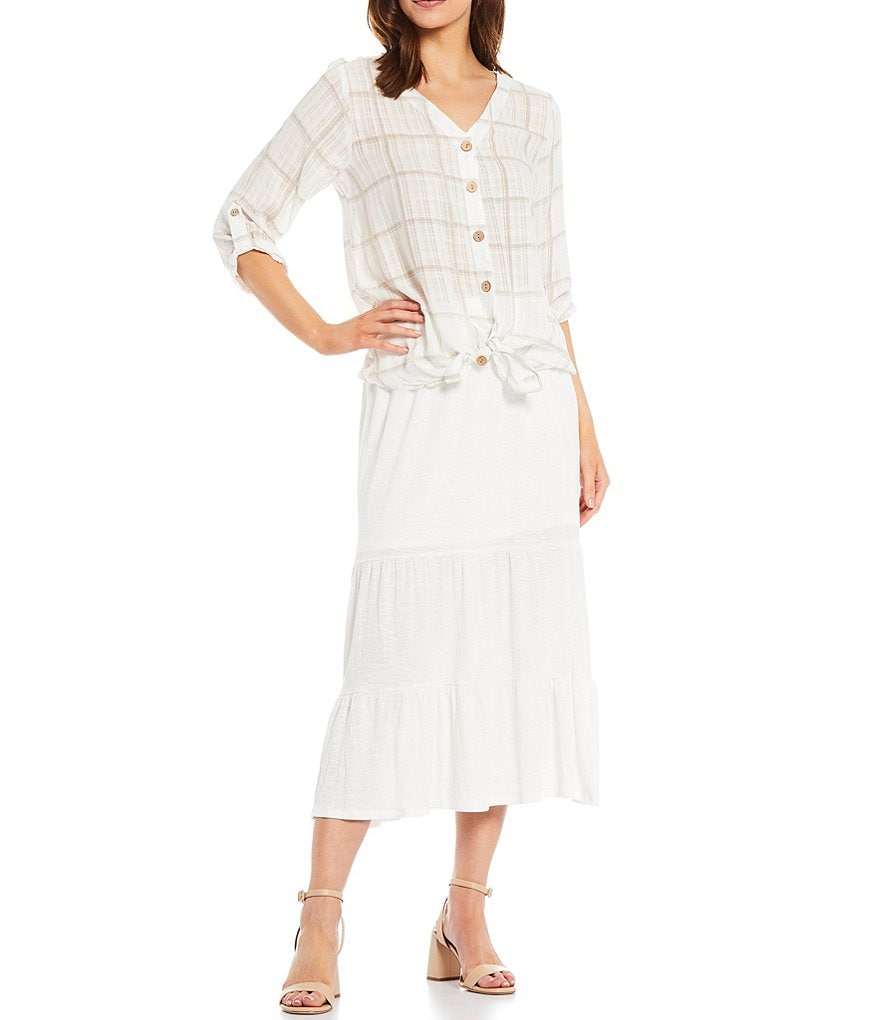 I.N. Studio Windowpane V-Neck Button Down Tie-Front Roll-Tab Sleeve Top