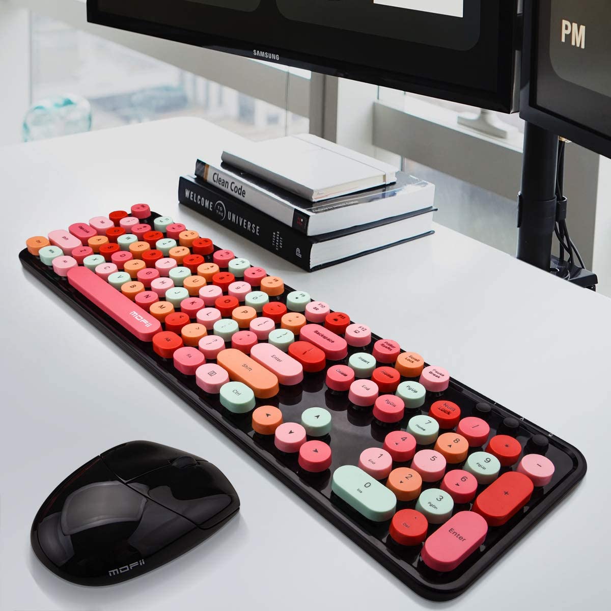 MOFII Wireless Keyboard and Mouse Combo, 2.4G Cute Round Girl Lipstick Retro Round Cap Keyboard Mute Keyboard Mouse Set for Laptop, Computer, Mac (Mixed Color)