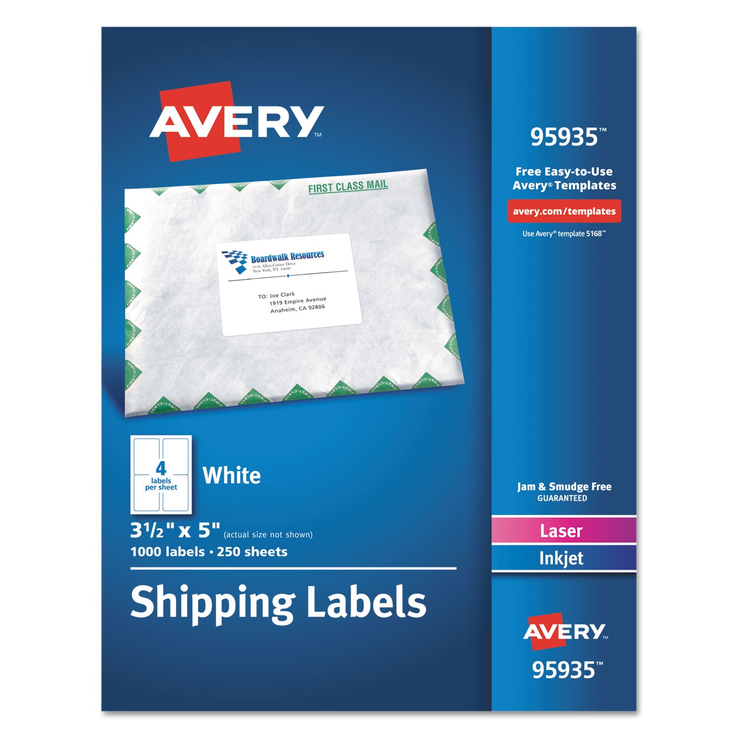 Avery White Shipping Labels Laser/Inkjet 3 1/2 x 5 White 1000/Box 95935
