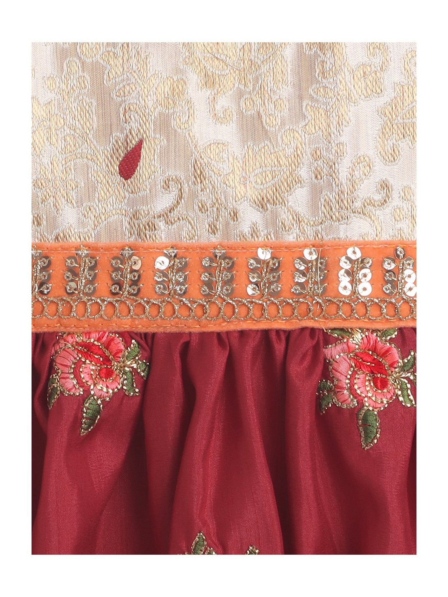 Many Frocks Kids Gold & Maroon Embroidered Dress