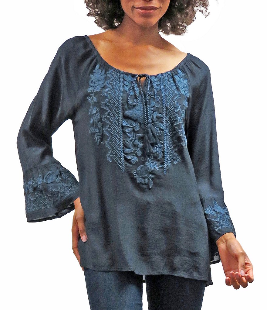 Karyn Seo Jovi Tie Scoop Neck Bell Long Sleeve Embroidered Blouse