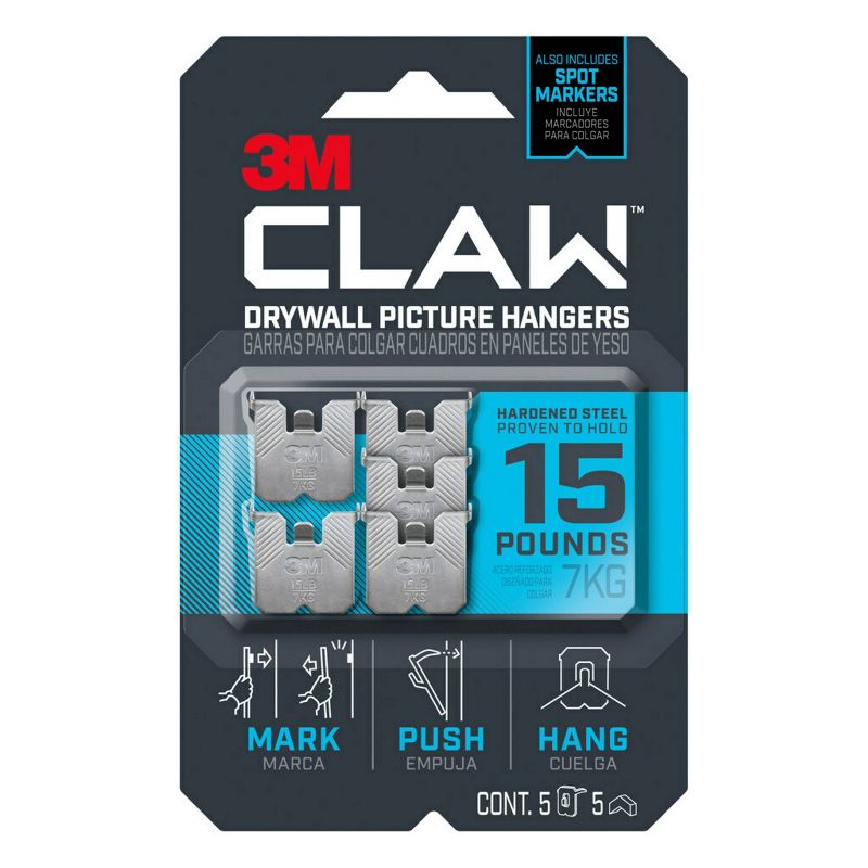 3M 15lb CLAW Drywall Picture Hanger with Temporary Spot Marker + 5 hangers and5 markers