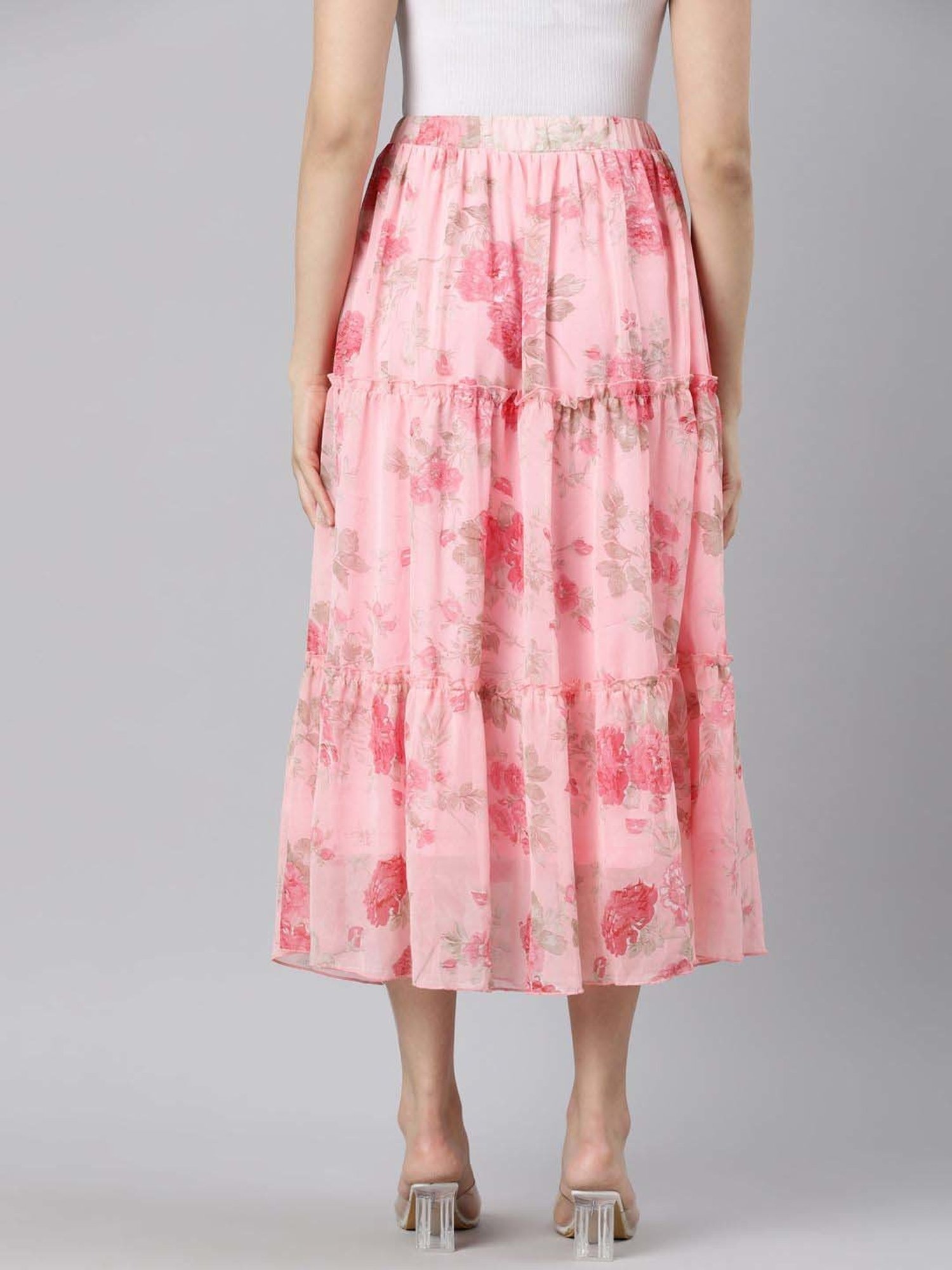 TWIN BIRDS Pink Floral Print A-Line Skirt