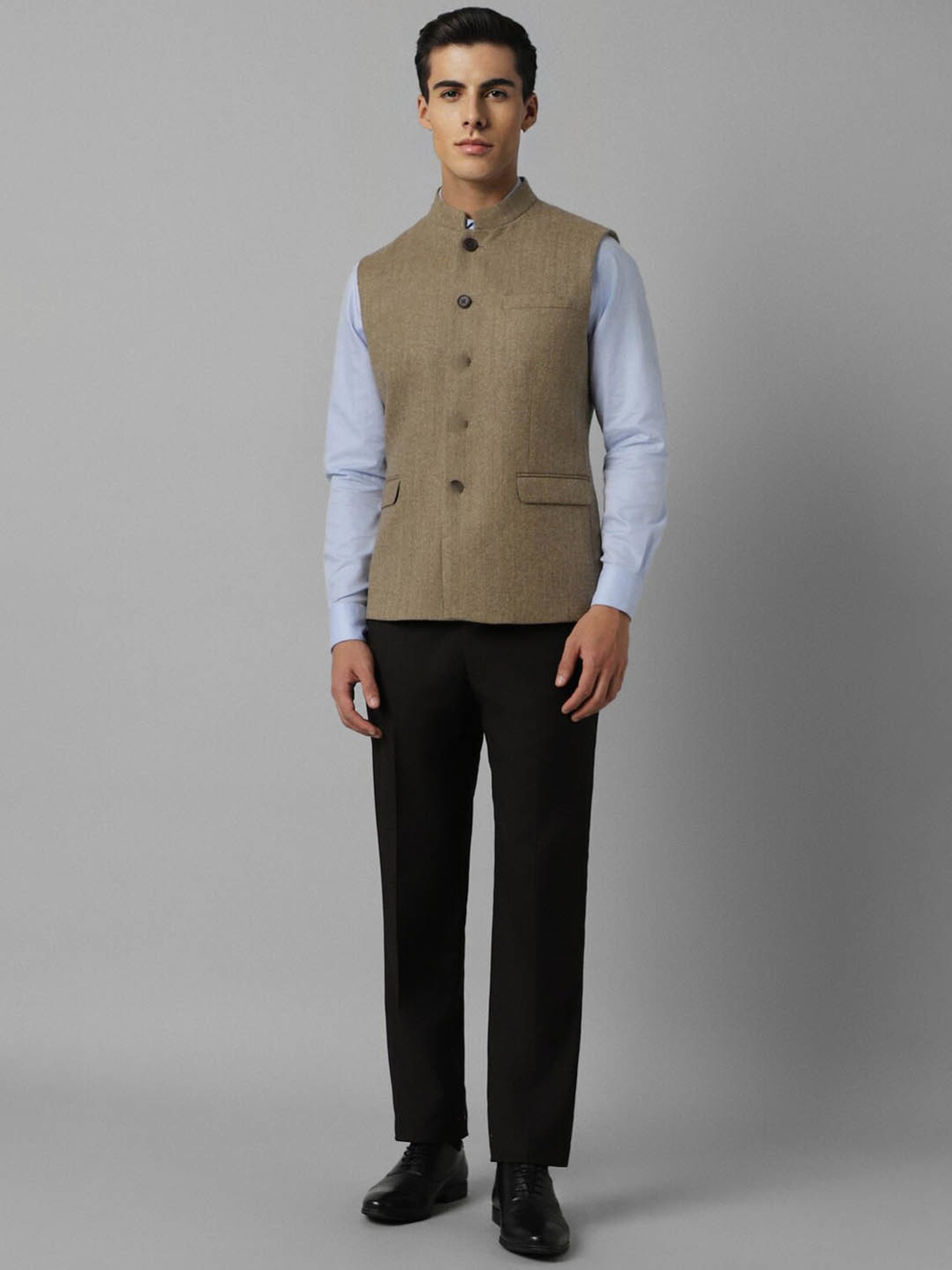 Louis Philippe Khaki Slim Fit Texture Nehru Jacket