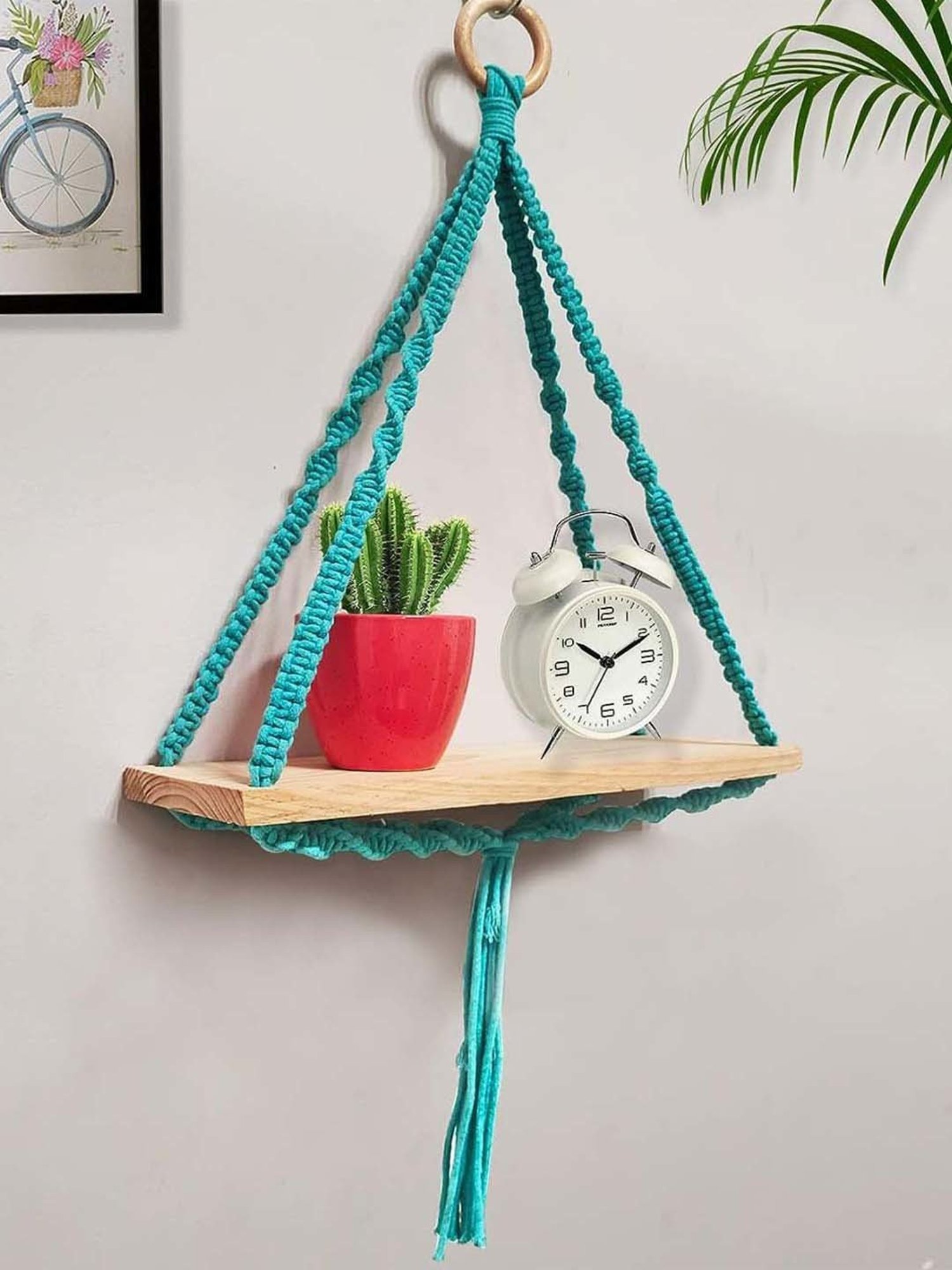 Homesake Blue Wood Triangle Macrame Wall Hanging Shelf