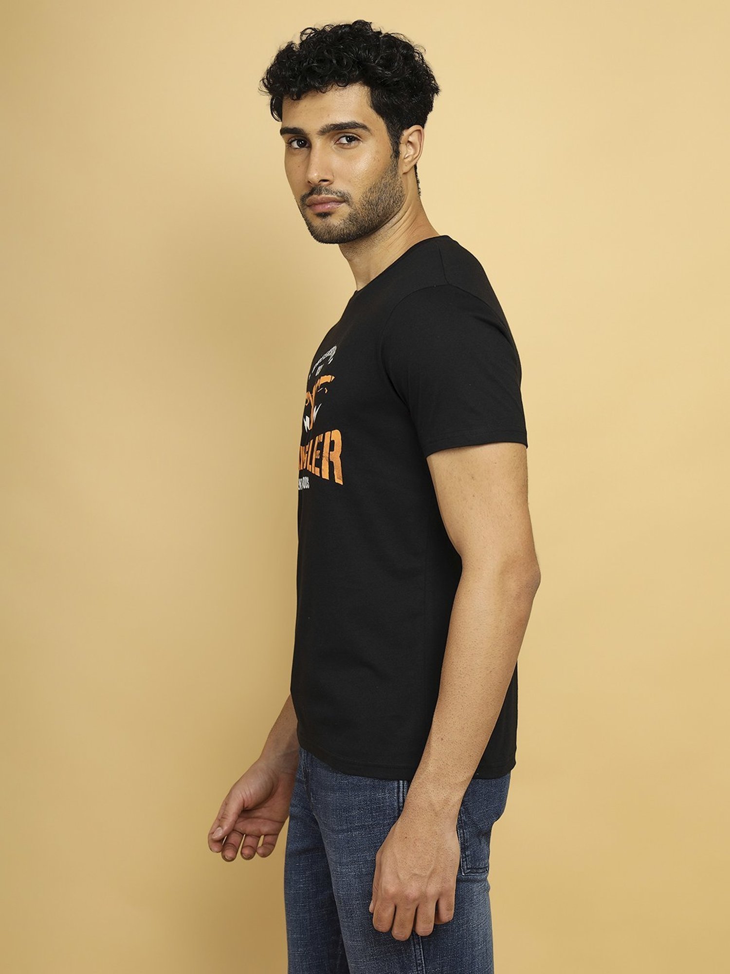 Wrangler Jet Black Cotton Regular Fit Printed T-Shirt