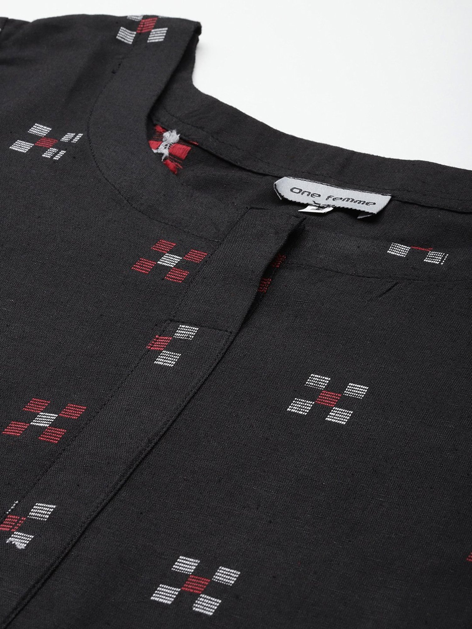 One Femme Black Cotton Self Design A Line Kurti