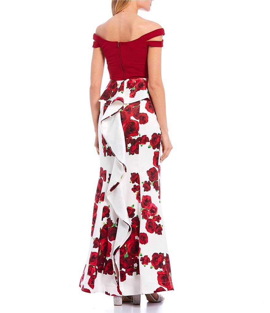 Teeze Me Off-the-Shoulder Cap-Sleeve Top with Floral Print Trumpet Skirt Two-Piece Dress