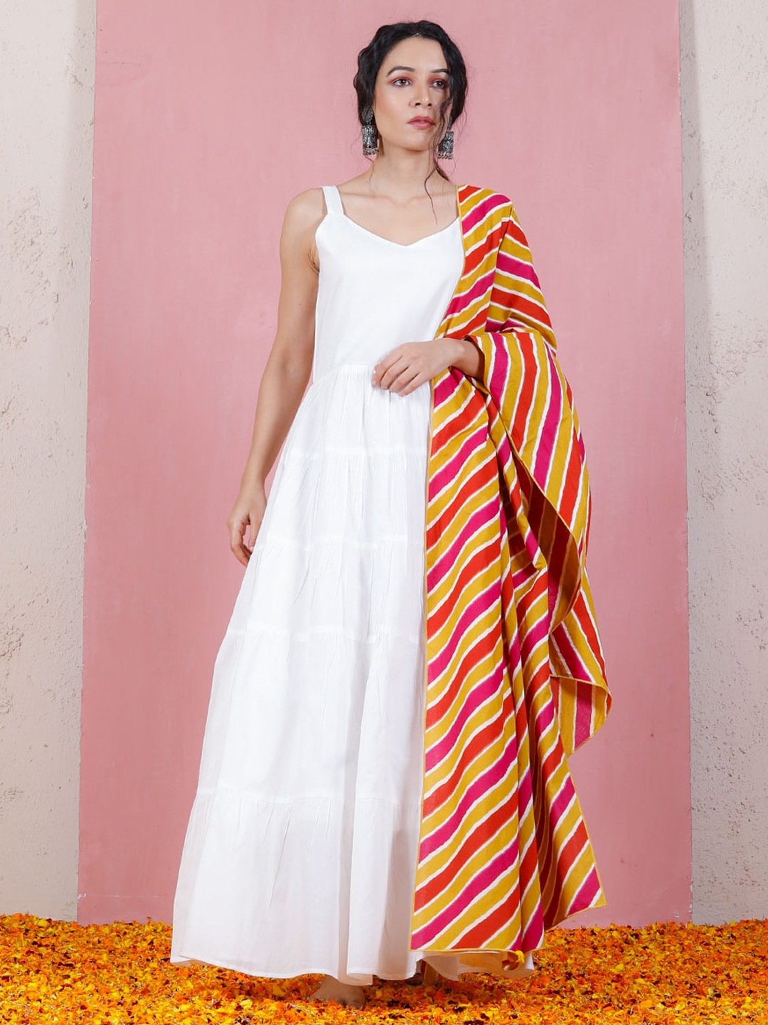 Rustorange White A Line Kurta With Dupatta