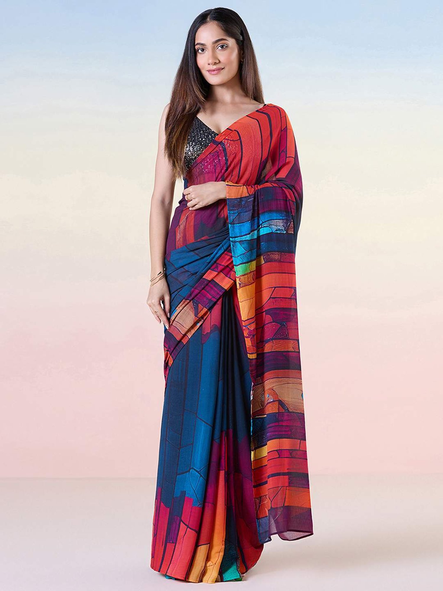 navyasa by liva Navy & Red Printed Saree With Unstitched Blouse