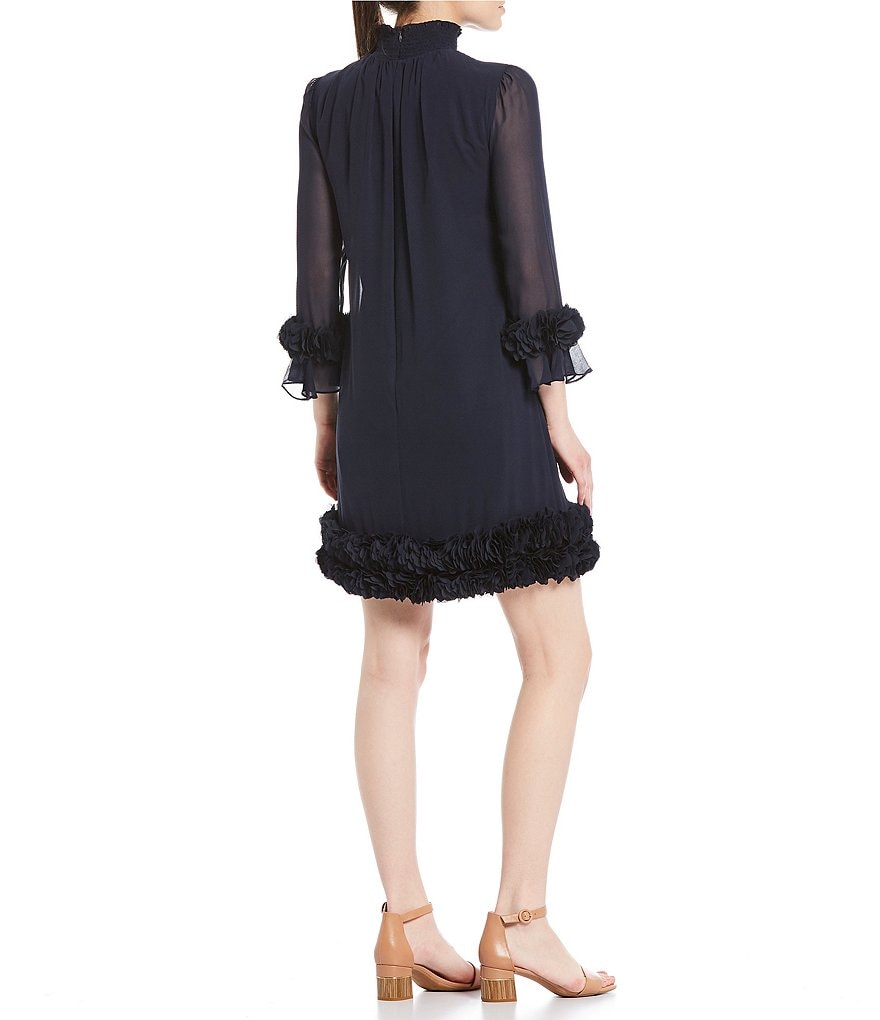 Alex Marie Amelia Mock Smocked Mock Neck Floral Petal Detail Illusion 3/4 Sleeve Chiffon Dress