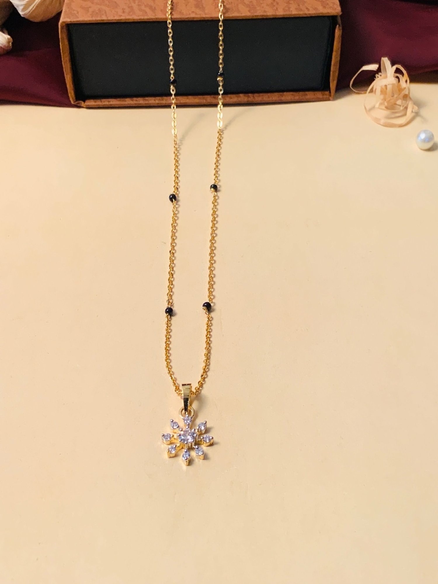 Abdesigns Gold-Plated American Diamond & Black Beaded Mangalsutra