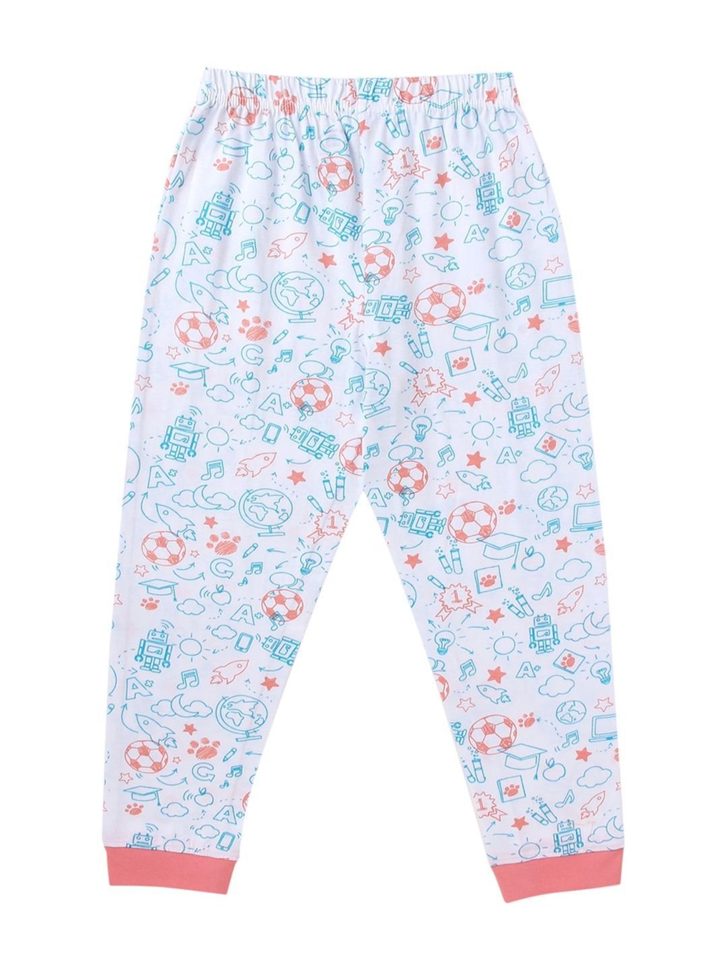 Cub McPaws Girls Off-White & Blue Cotton Printed Full Sleeves T-Shirt Set