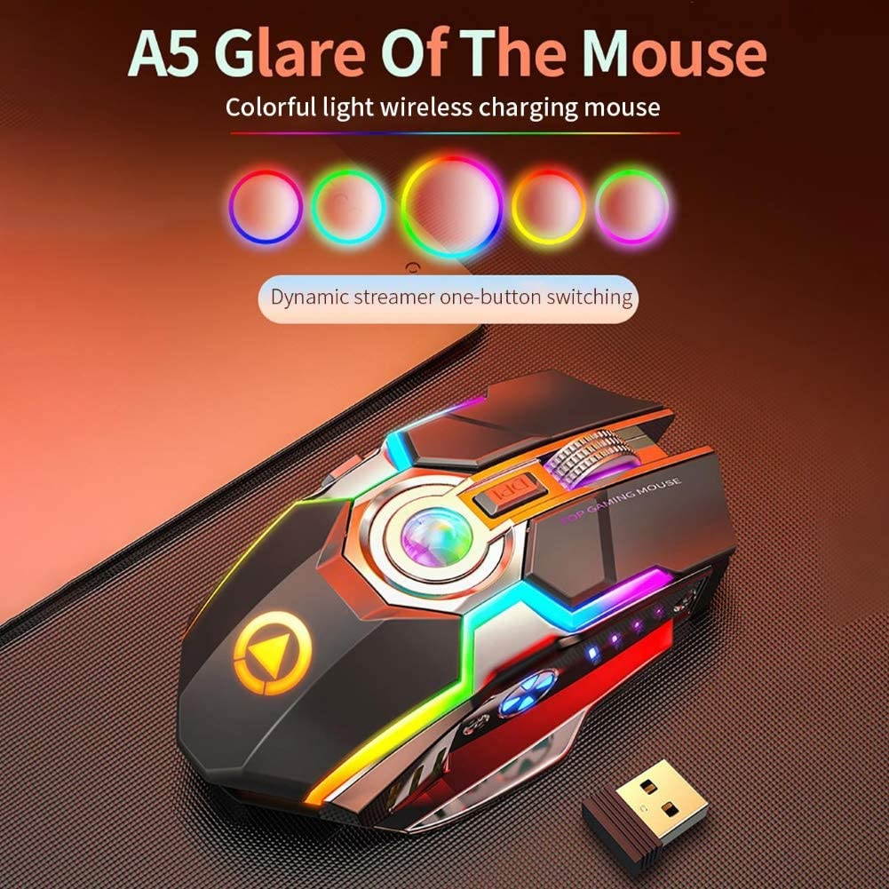 CUUWE Wireless Gaming Mouse2.4G, A5 Ergonomic RGB Backlit 7 Buttons 1600DPI Rechargeable Silent Cordless Mouse for PC Laptop