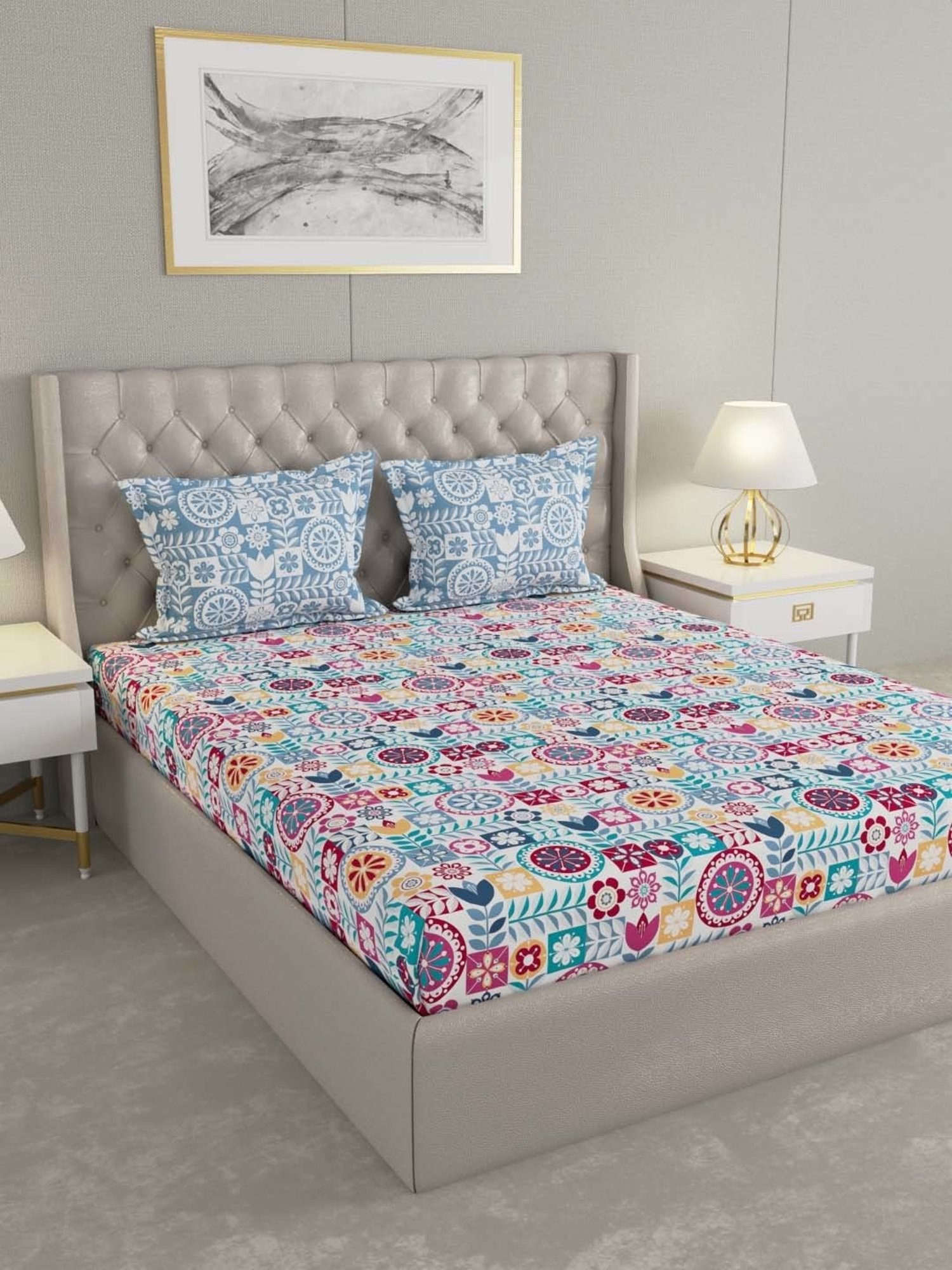 House This Juniper Blue Cotton 600 TC Double Size Bedsheet With Pillow Covers