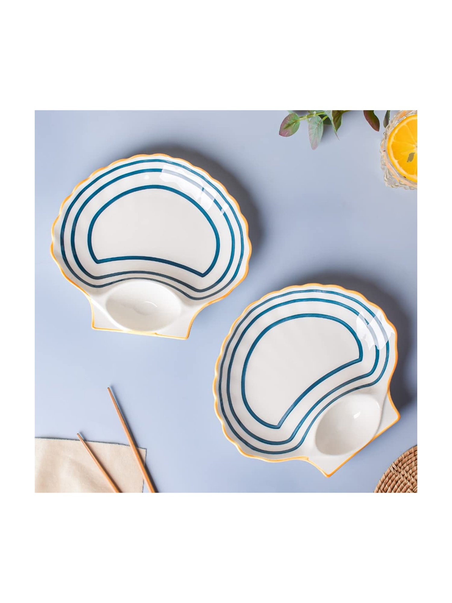 Nestasia Printed &iquest;White &iquest;Ceramic Nitori Shell-Shaped Plates with Section - Set of 2