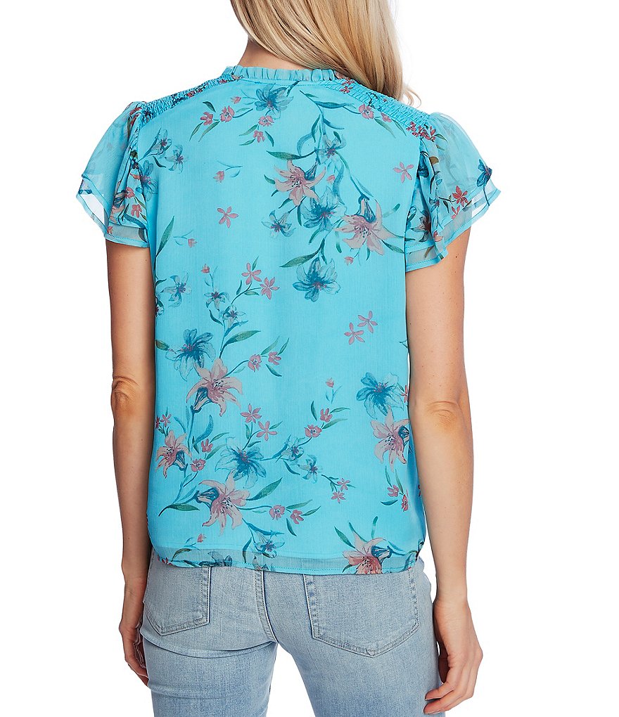 CeCe Short Sleeve Floral Tie Neck Blouse