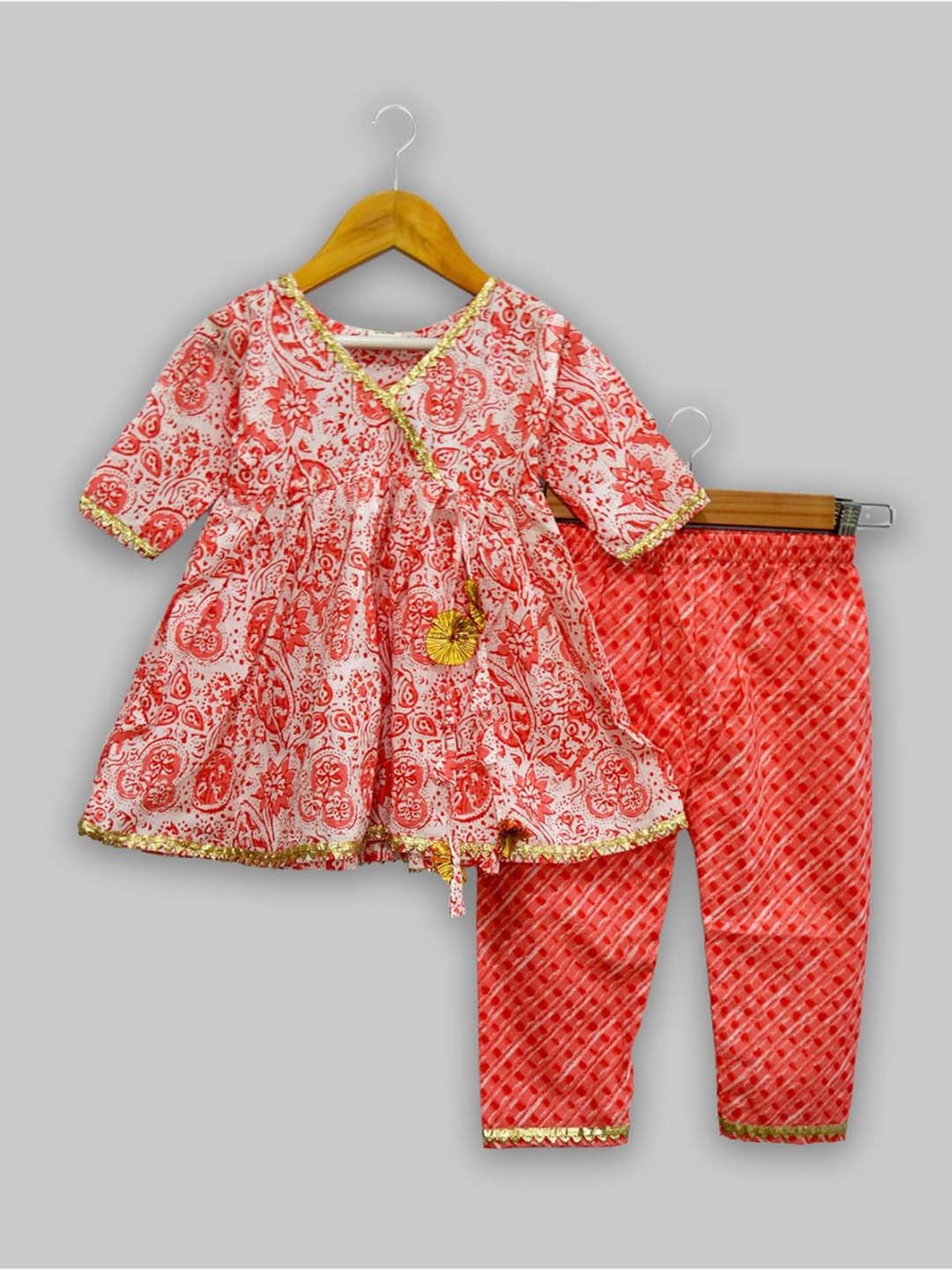 The Mom Store Kids Pink & White Cotton Printed Kurta Set