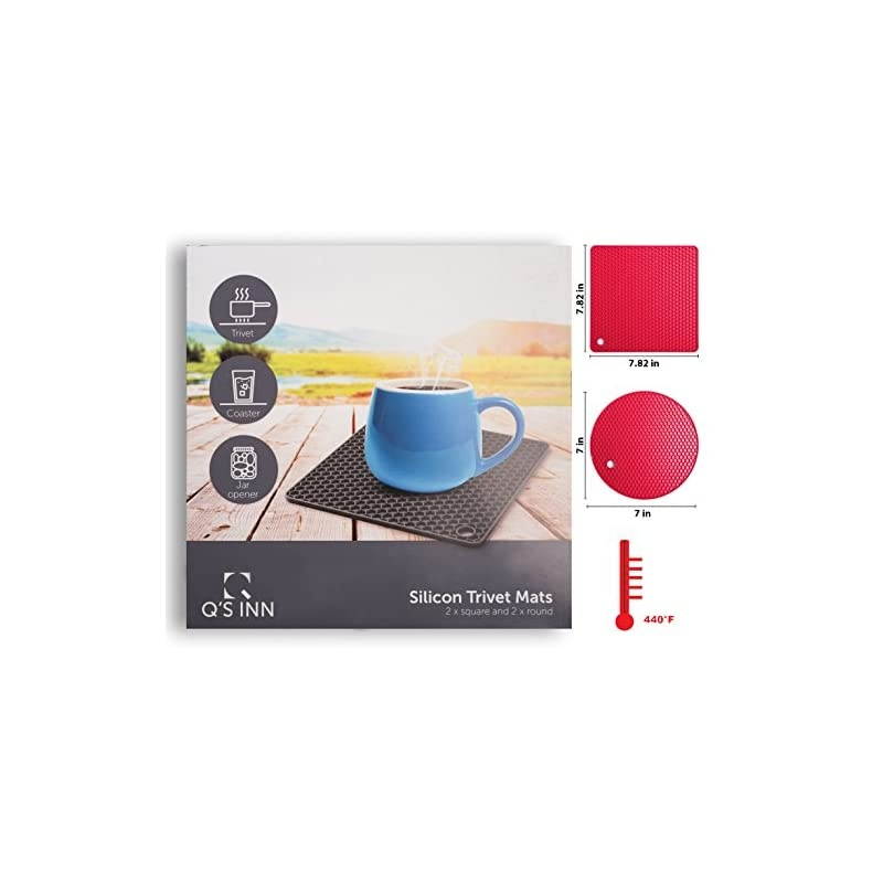 Red Silicone Trivet Mats | Hot Pot Holders | Drying Mat. Our potholders Kitchen Tool is Heat Resistant to 440&deg;F, Non-slip,durable, flexible easy to wash and dry and Contains 4 pcs.