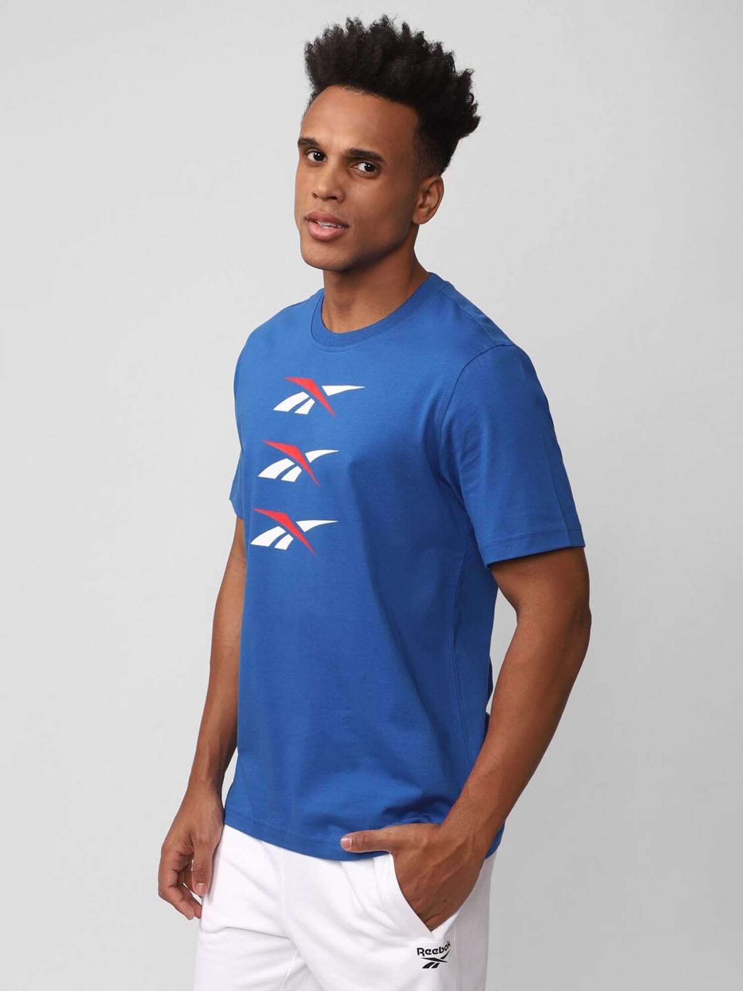 Reebok Blue Cotton Slim Fit Printed T-Shirt
