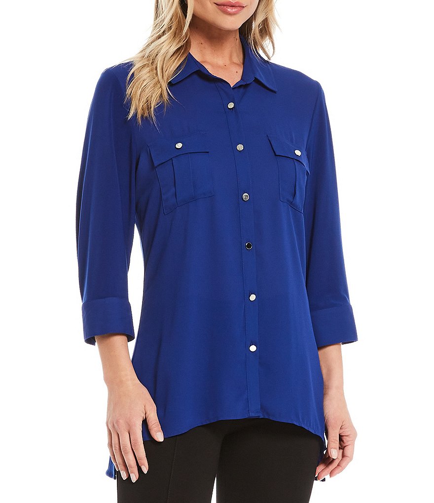 Slim Factor by Investments Bridget 3/4 Sleeve Button Front Hi-Low Top