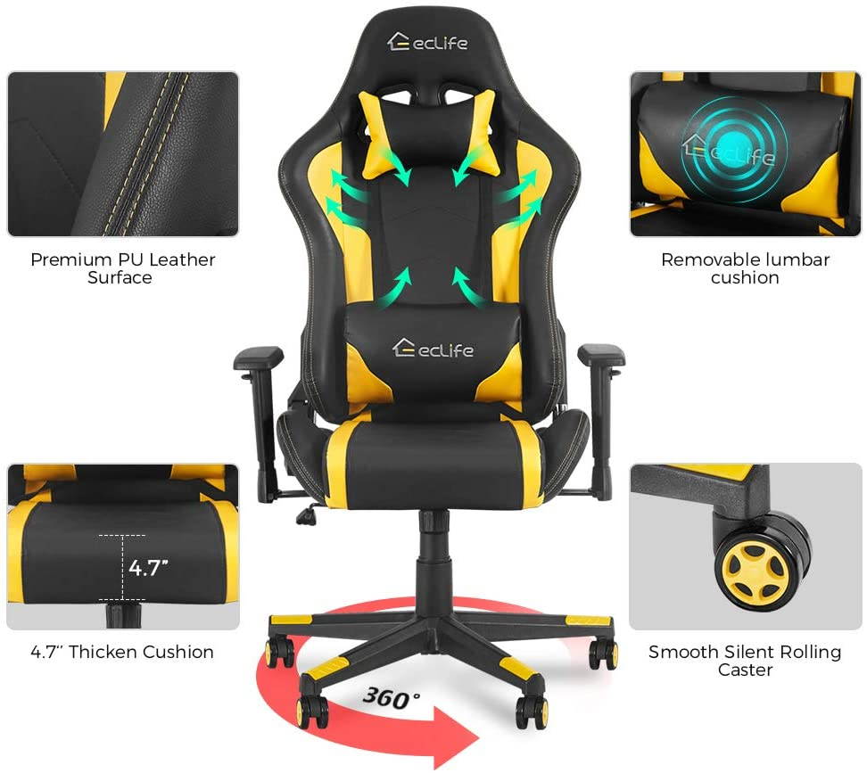Eclife High Back Computer Game Chair with Adjustable Massage Lumbar Support and Headrest Racing Style Swivel Executive Office Desk Gaming Chair
