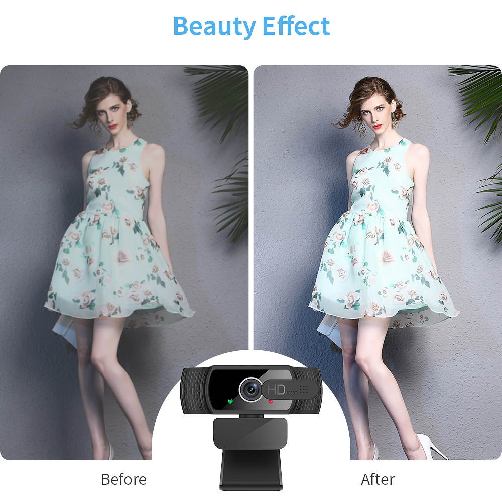 Portholic 1080P webcam with microphone, full HD PC / laptop web camera with tripod, automatic light correction, USB 2.0 plug & play for live streaming, video calls, online lessons, conference, games