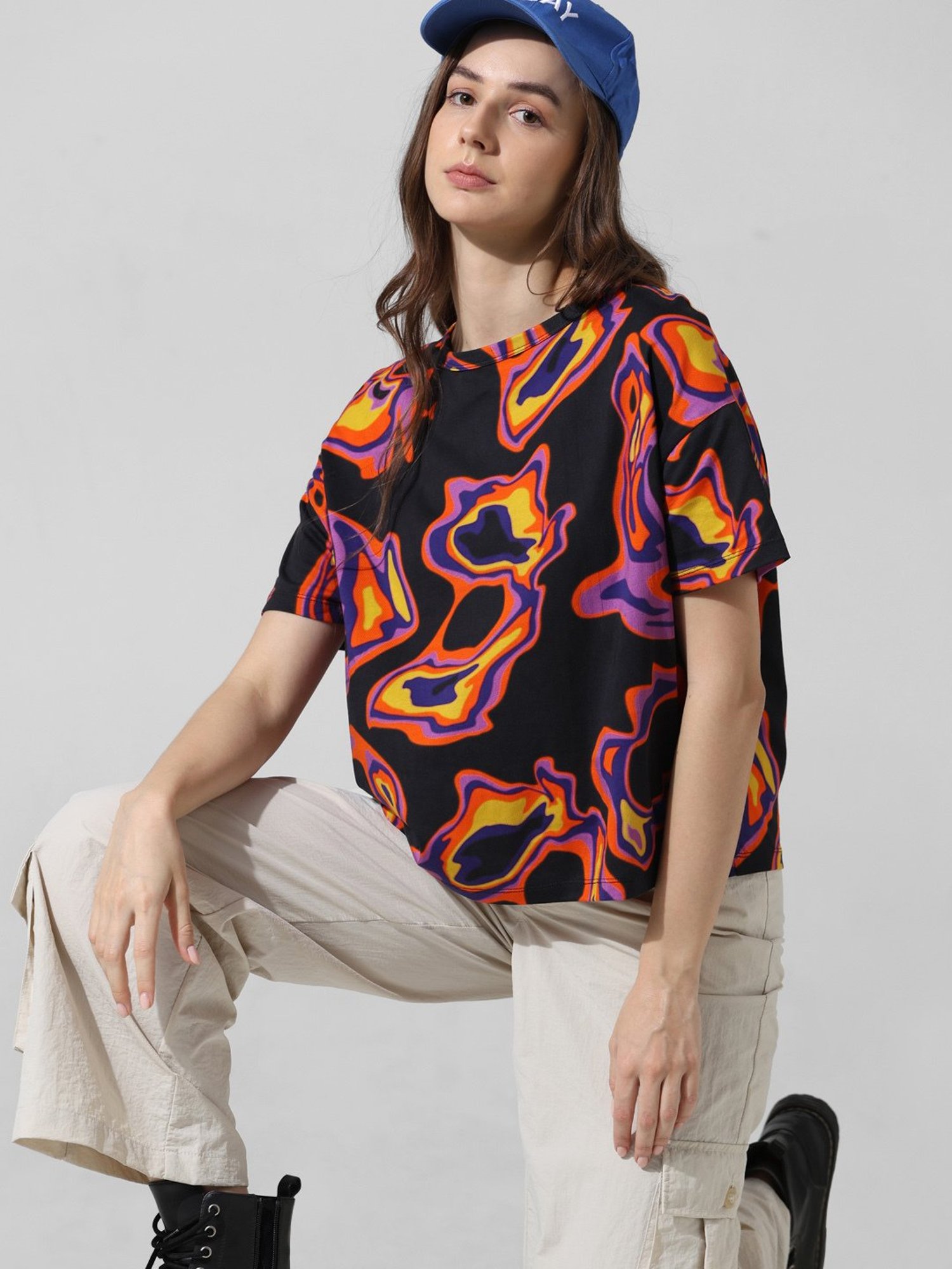 Only Black Cotton Printed Oversized T-Shirt