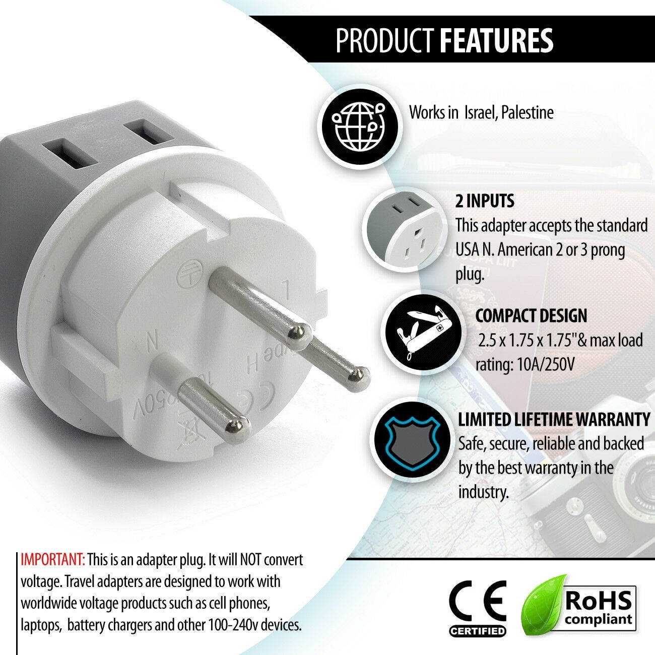 Israel, Palestine Power Plug Adapter by OREI with 2 USA Inputs - Travel 3 Pack - Type H (US-14) Safe Grounded Use with Cell Phones, Laptop, Camera Chargers, CPAP, and More