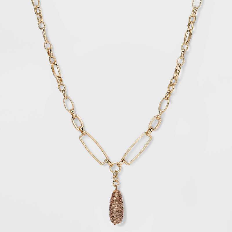 Linked Chain and Thread Wrapped Teardrop Pendant Necklace - A New Day™ Rust
