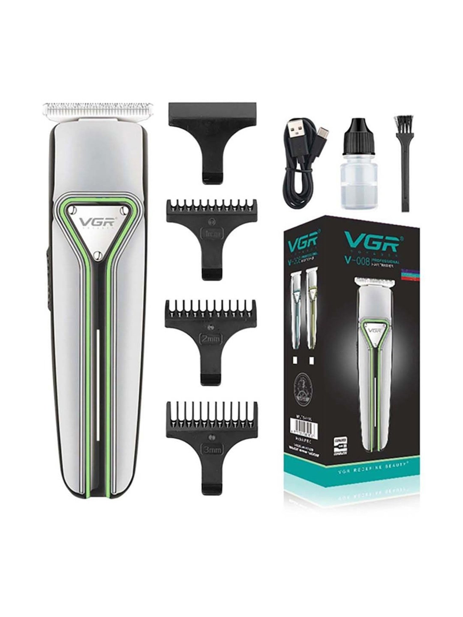 VGR V-008 Professional Cordless Hair Trimmer - 120 min Runtime (Green and Silver)