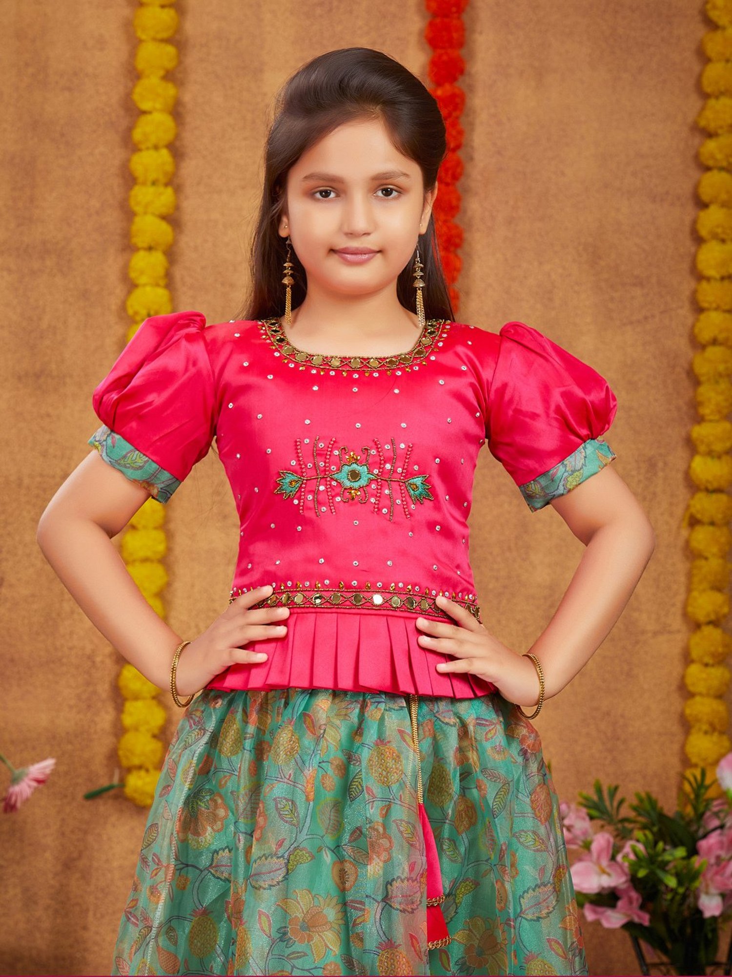 A Little Fable Kids Blue Printed Lehenga with Choli & Dupatta