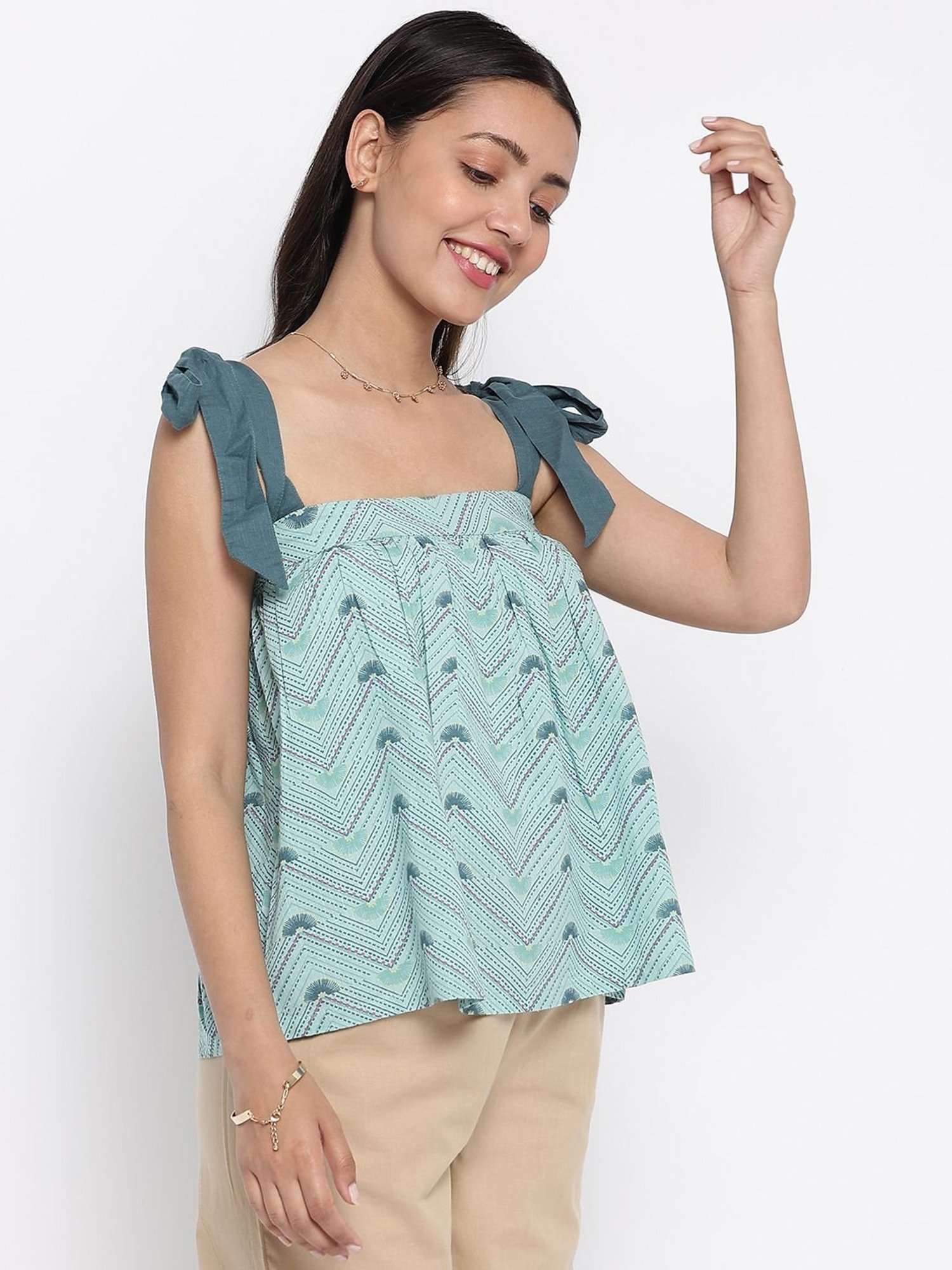 Fabindia Green Cotton Printed Top