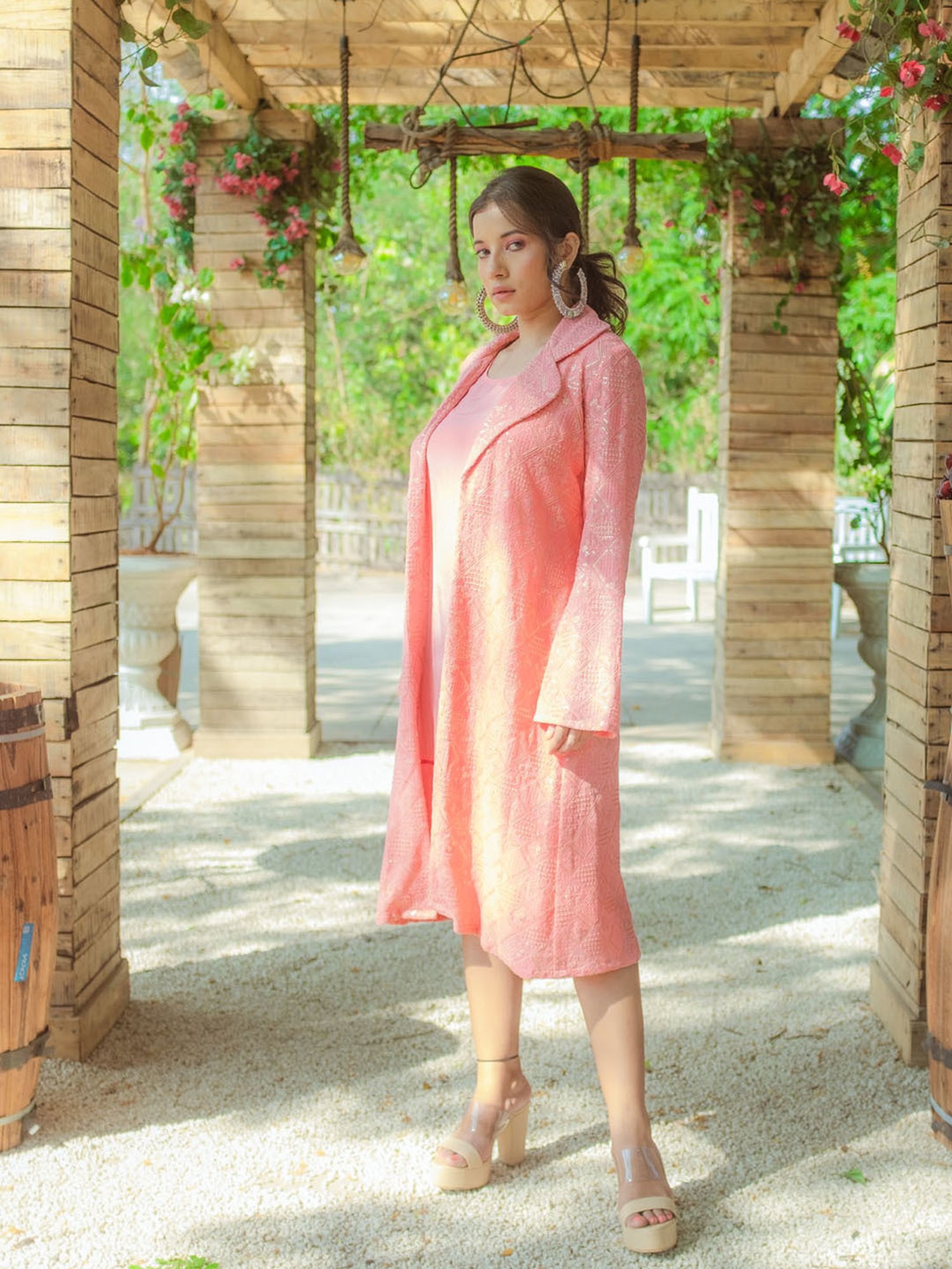Monk and Mei Heer Dress & Chikankari Jacket- Peachy Melon