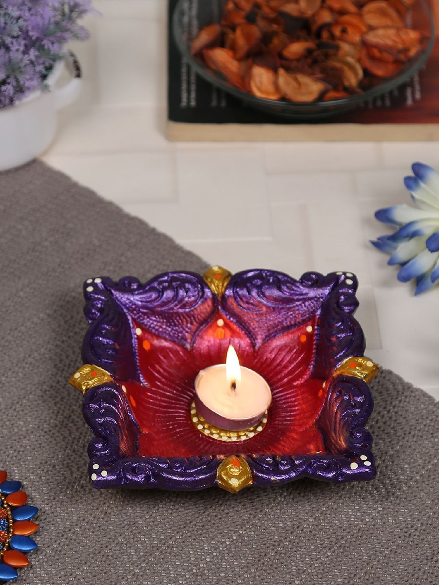 Aapno Rajasthan Multicolor Teracotta Square Shape Diya for Diwali - 1 Piece