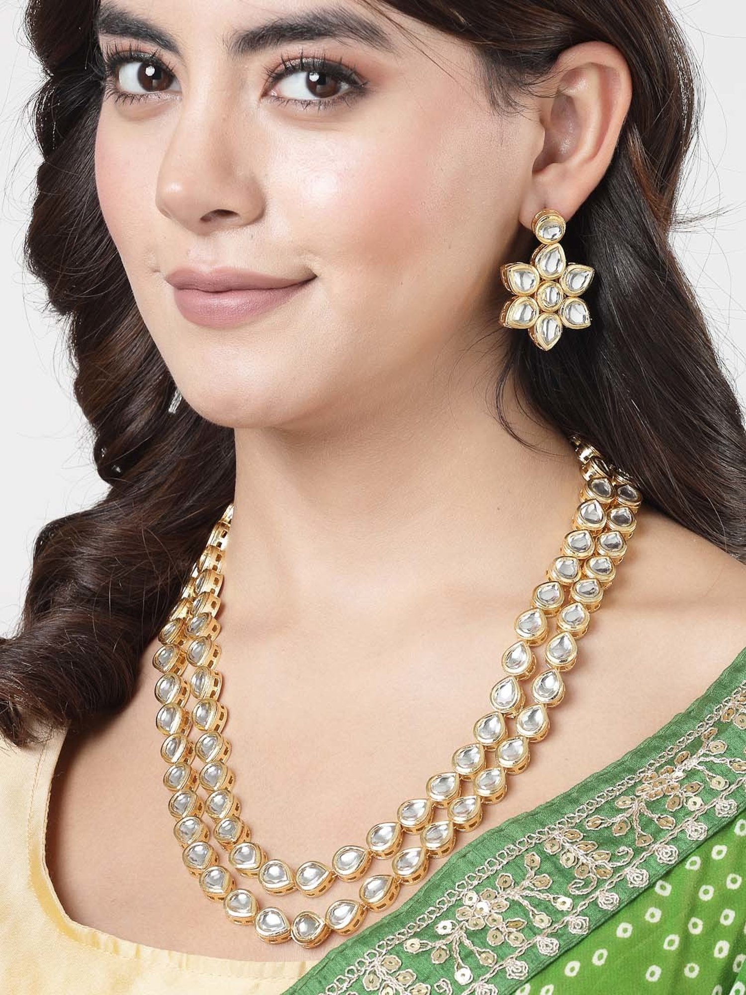 NVR Rhodium-Plated Kundan-Studded Necklace And Earrings for Women
