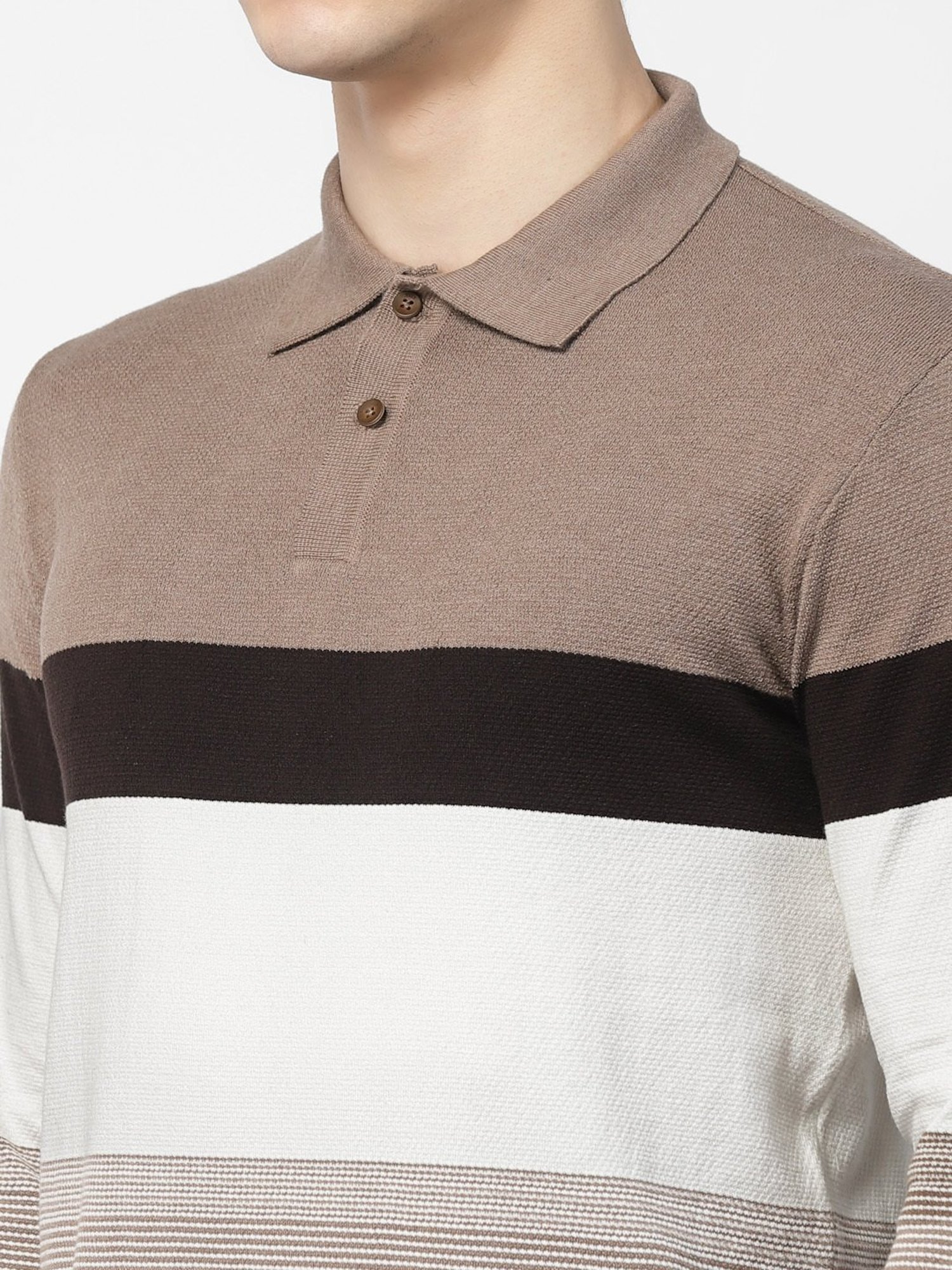 Kalt Brown & White Regular Fit Striped Polo T-Shirt