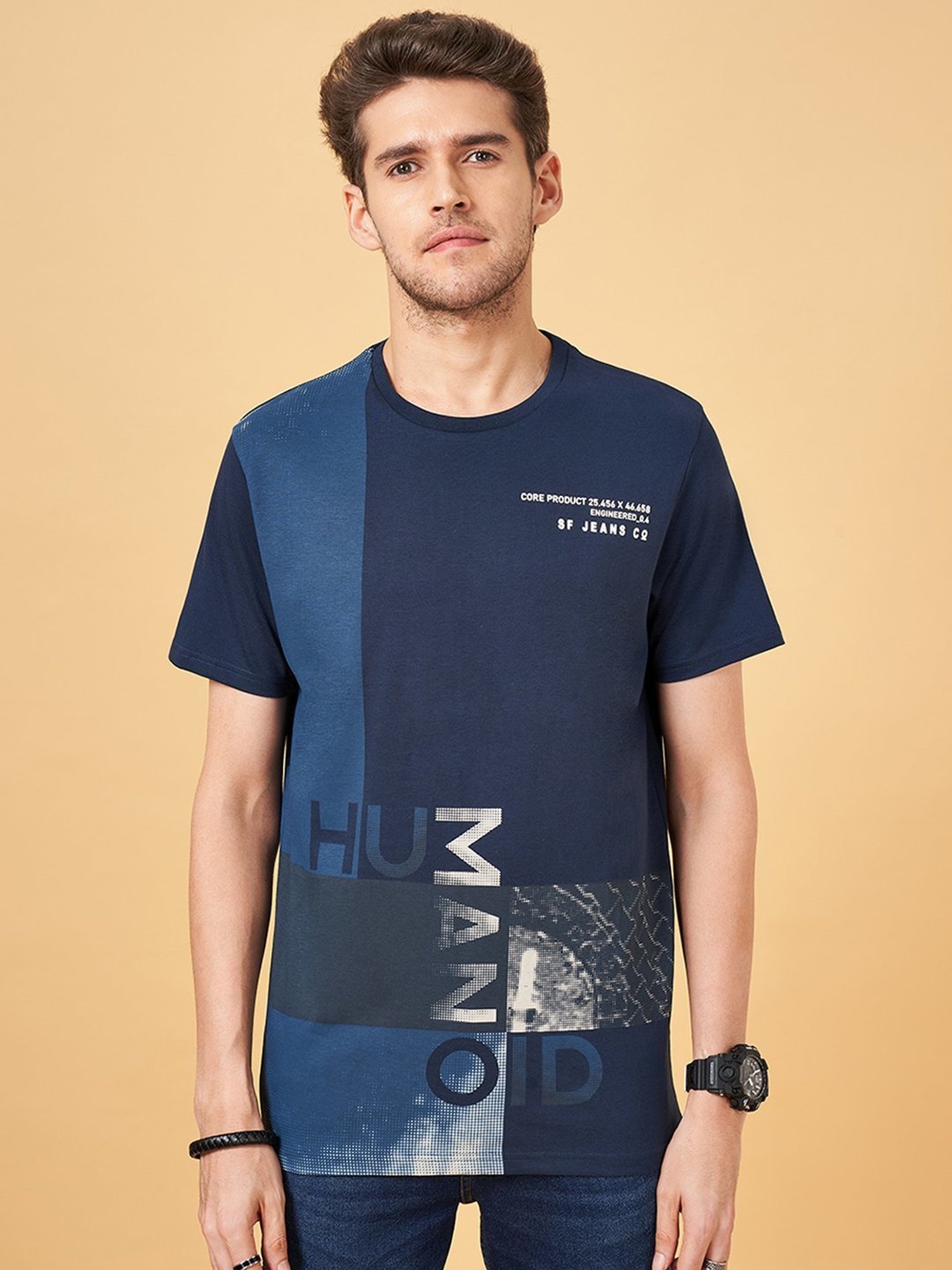 SF Jeans by Pantaloons Dress Blues Cotton Slim Fit Printed T-Shirt