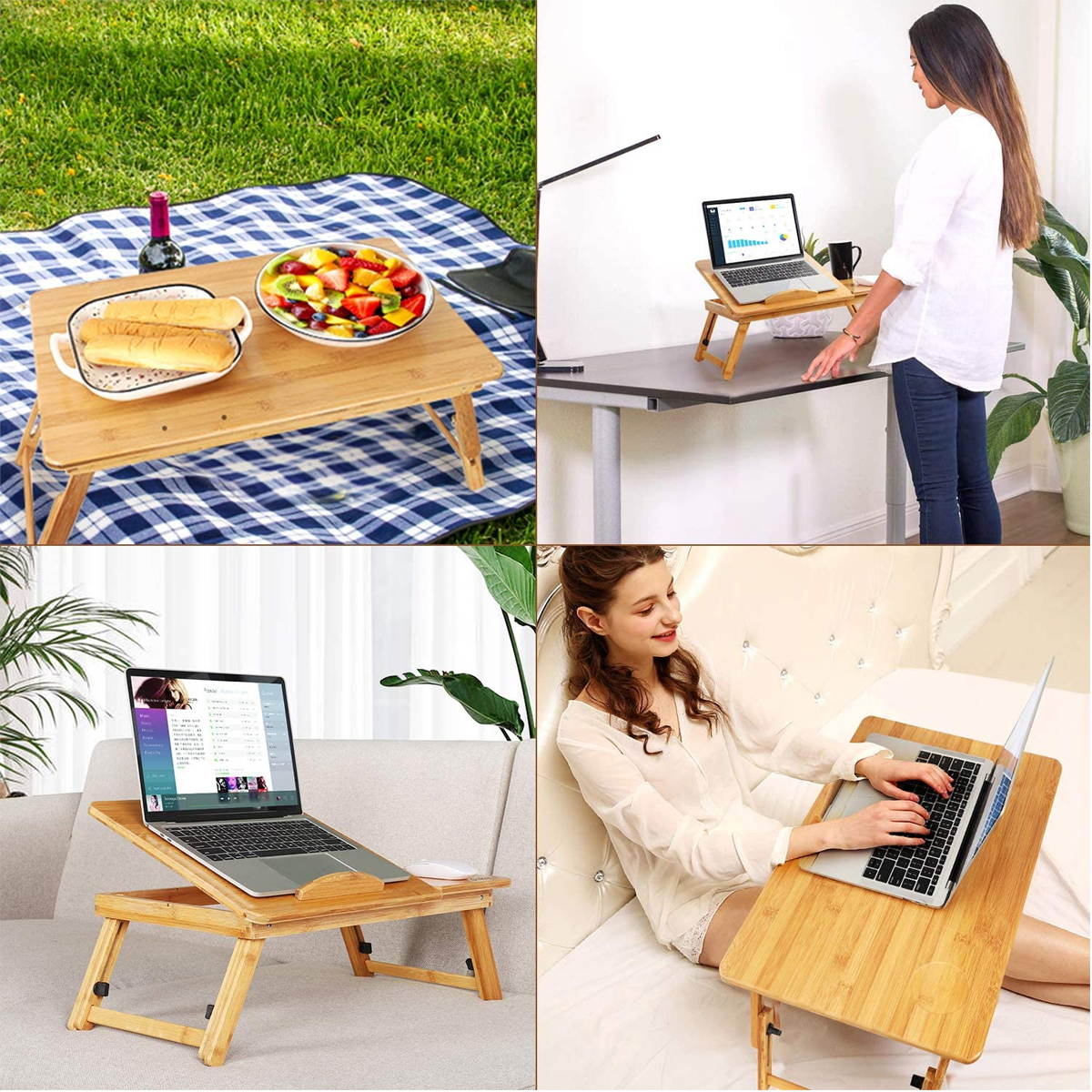 Adjustable Folding Bamboo Laptop Lap Bed Stand Table Desk Tray W/ Drawer (With 2 Fans)