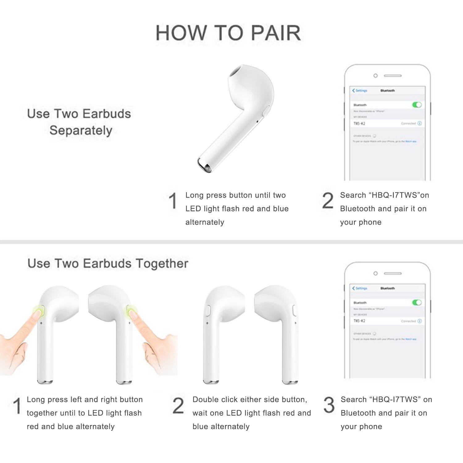 True Wireless Headphones, Bluetooth Earbuds Stereo Earphone Cordless Hand-free Headsets for Apple AirPods iphone 8, 8 plus, X, 7, 7 plus, 6s, 6S Plus with Charging Case- White