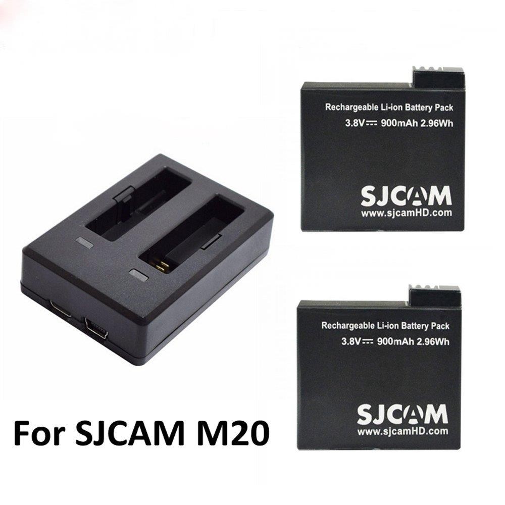 Chunzao 2x900mAh Backup Li-on Battery+Dual-slot Charger For SJCAM M20 WiFi Sport Camera