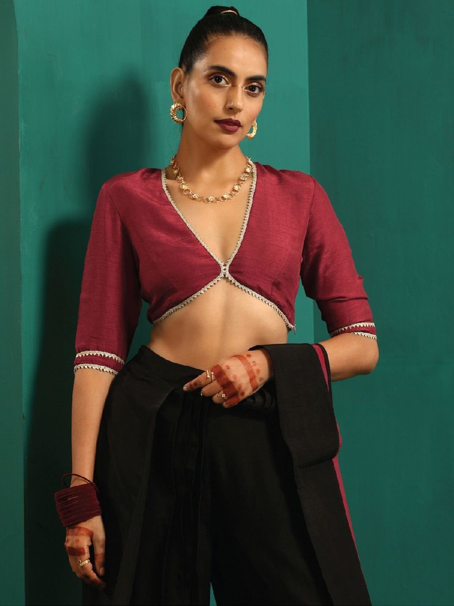 trueBrowns Maroon Silk Gota Blouse