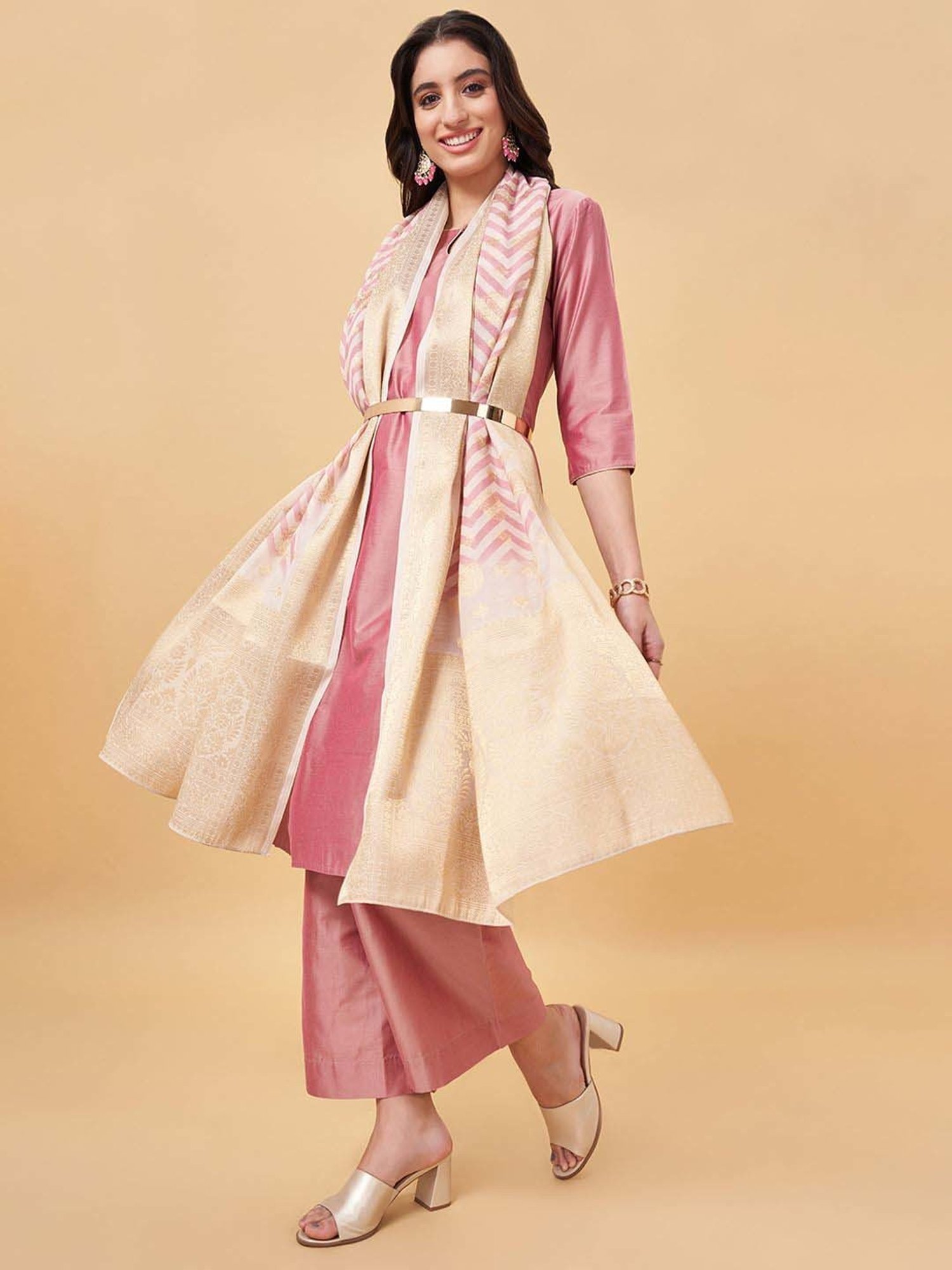 Rangmanch by Pantaloons Pink Plain Kurta Palazzo Set With Dupatta