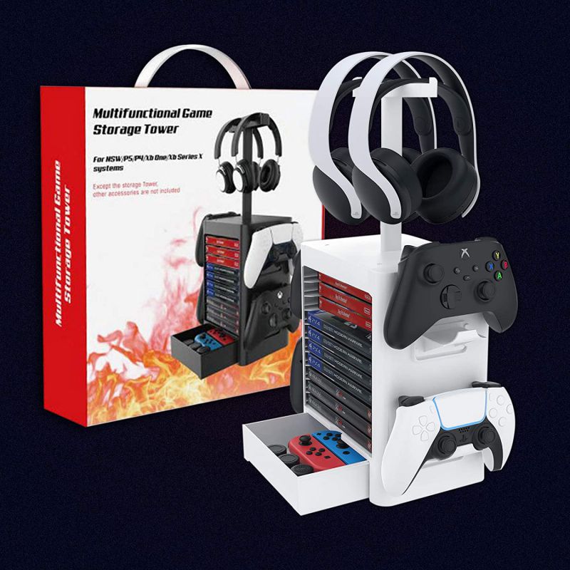Ackmioxy Headset and Game Organizer (up to 10 Games) for PS5 PS4 Playstation/Xbox Series S & X/Switch Accessories, Headphones, Game Discs, Joy Cons, DualSense, Controllers, Black