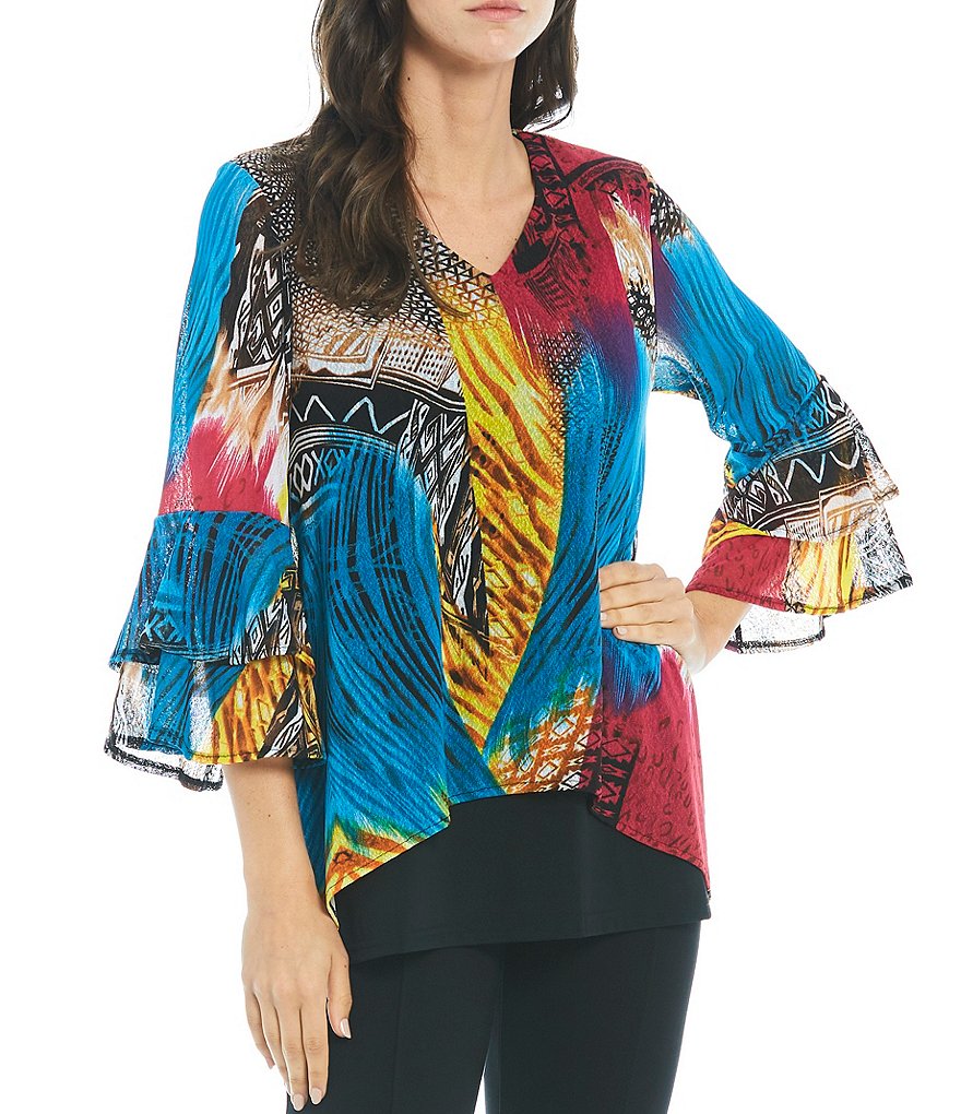Calessa Crinkle Mesh 3/4 Double Bell Cuff Brushstroke Print Tunic