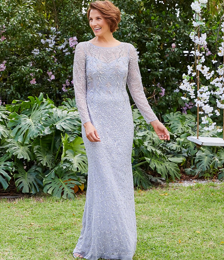 Kay Unger Long Bishop Sleeve V-Neck Crepe A-Line Dress