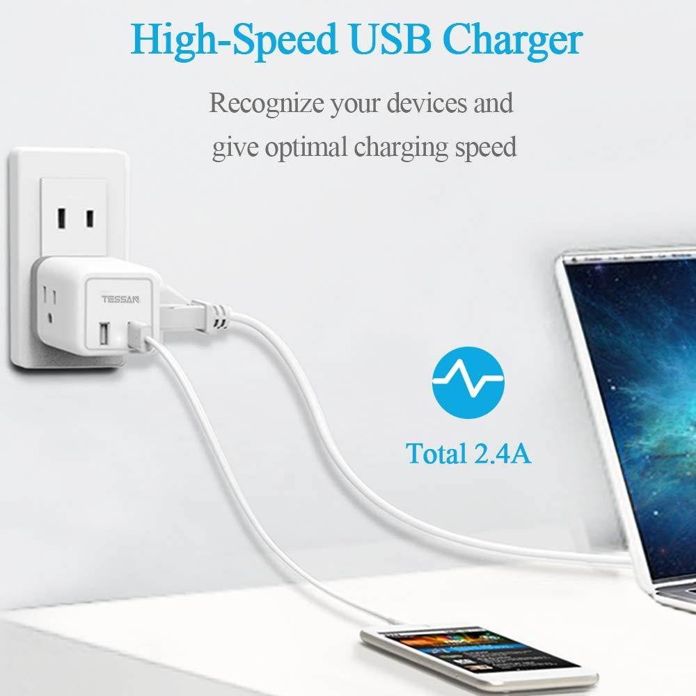 3 Prong to 2 Prong Adapter, TESSAN 3 Outlets with 2 USB Wall Charger, Multi Plug Outlet Extender Splitter, Travel Power Adapter Plug for US to Japan Canada Mexico Philippines - Type A