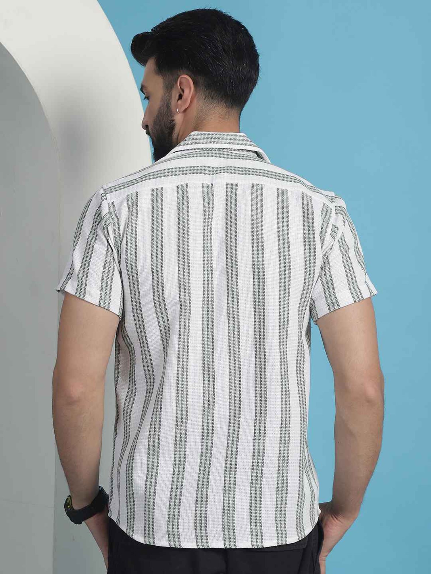 Indian Needle Green Cotton Regular Fit Striped Shirt